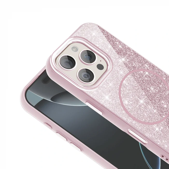 iPhone 16 Pro Kılıf M-safe Şarj Özellikli Parlayan Simli Okso Kapak