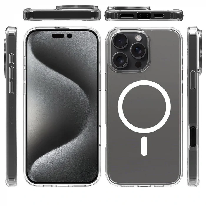 iPhone 16 Pro Kılıf M-safe Şarj Özellikli Şeffaf Sert PC Embos Kapak