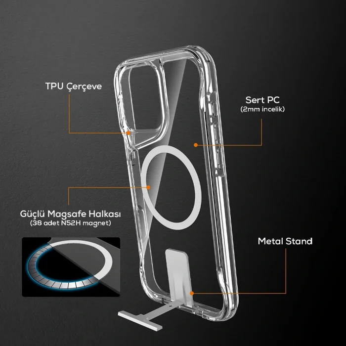 iPhone 16 Pro Kılıf M-safe Şarj Özellikli T-Max Standlı Kapak