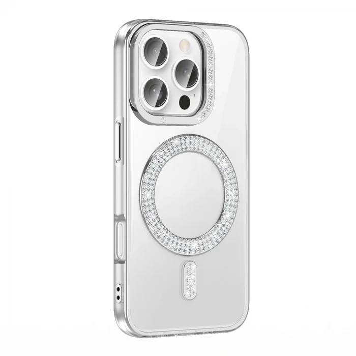 iPhone 16 Pro Kılıf Pırlanta Taş Tasarımlı M-safe Şarj Özellikli Karetta Silikon Kapak