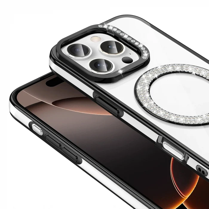 iPhone 16 Pro Kılıf Pırlanta Taş Tasarımlı M-safe Şarj Özellikli Karetta Silikon Kapak