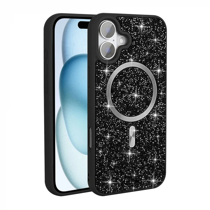 iPhone 16 Pro Kılıf Pırlanta Tasarımlı M-safe Şarj Özellikli Mozaik Silikon Kapak