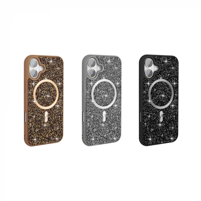 iPhone 16 Pro Kılıf Pırlanta Tasarımlı M-safe Şarj Özellikli Mozaik Silikon Kapak