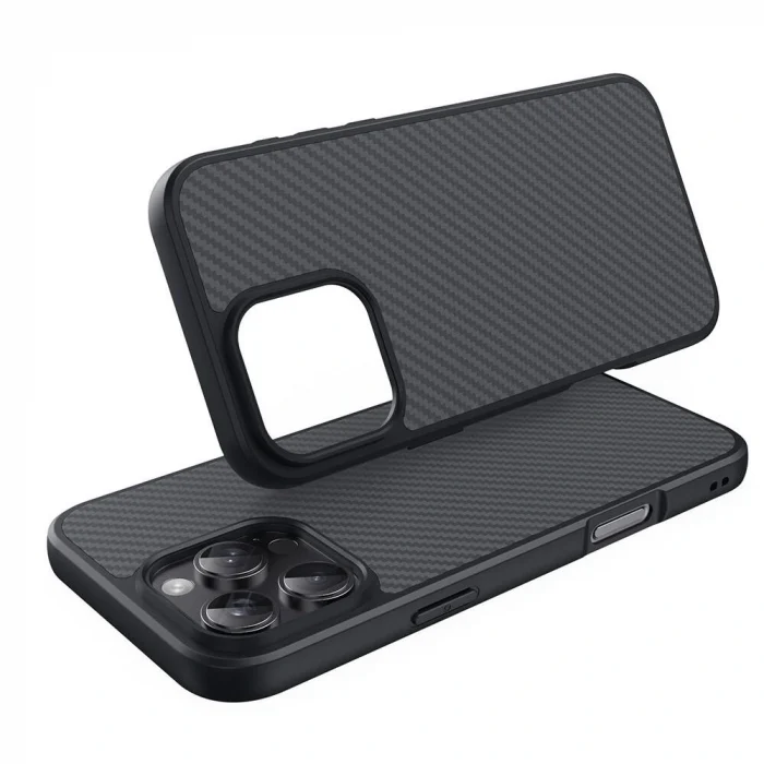 iPhone 16 Pro Max Kılıf M-safe Şarj Özellikli Karbon Fiber Tasarımlı Elnino Kapak