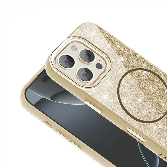 iPhone 16 Pro Max Kılıf M-safe Şarj Özellikli Parlayan Simli Okso Kapak