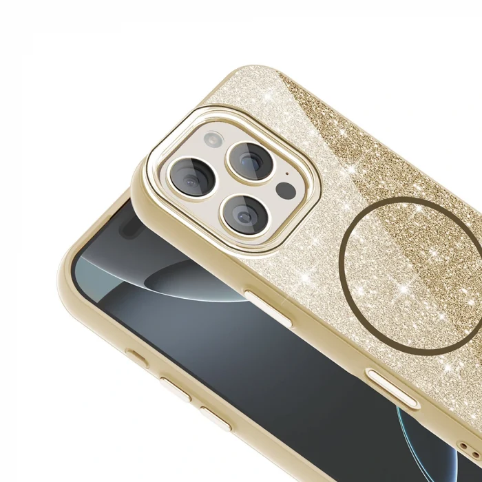 iPhone 16 Pro Max Kılıf M-safe Şarj Özellikli Parlayan Simli Okso Kapak