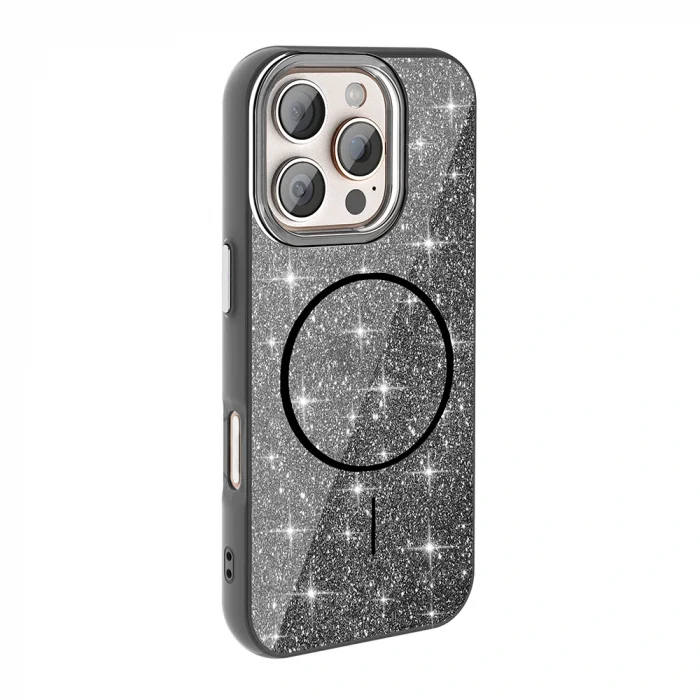 iPhone 16 Pro Max Kılıf M-safe Şarj Özellikli Parlayan Simli Okso Kapak