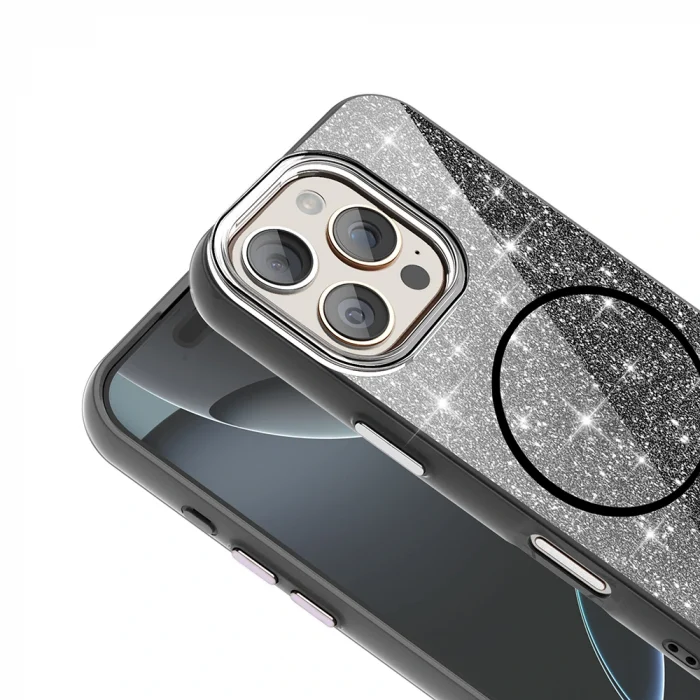 iPhone 16 Pro Max Kılıf M-safe Şarj Özellikli Parlayan Simli Okso Kapak