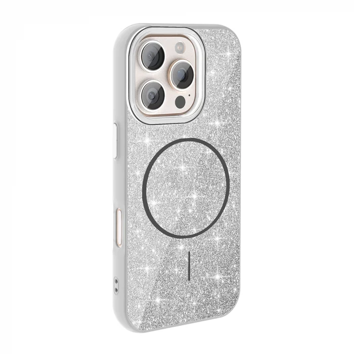 iPhone 16 Pro Max Kılıf M-safe Şarj Özellikli Parlayan Simli Okso Kapak