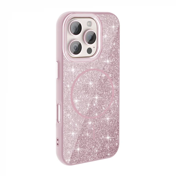 iPhone 16 Pro Max Kılıf M-safe Şarj Özellikli Parlayan Simli Okso Kapak