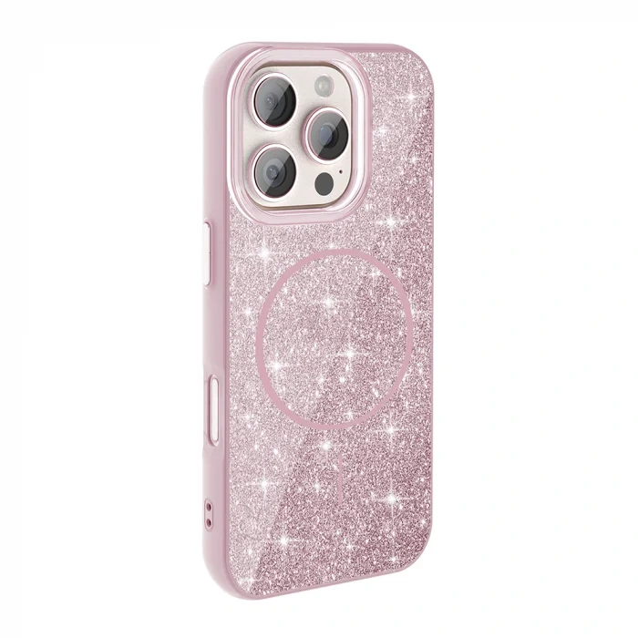 iPhone 16 Pro Max Kılıf M-safe Şarj Özellikli Parlayan Simli Okso Kapak