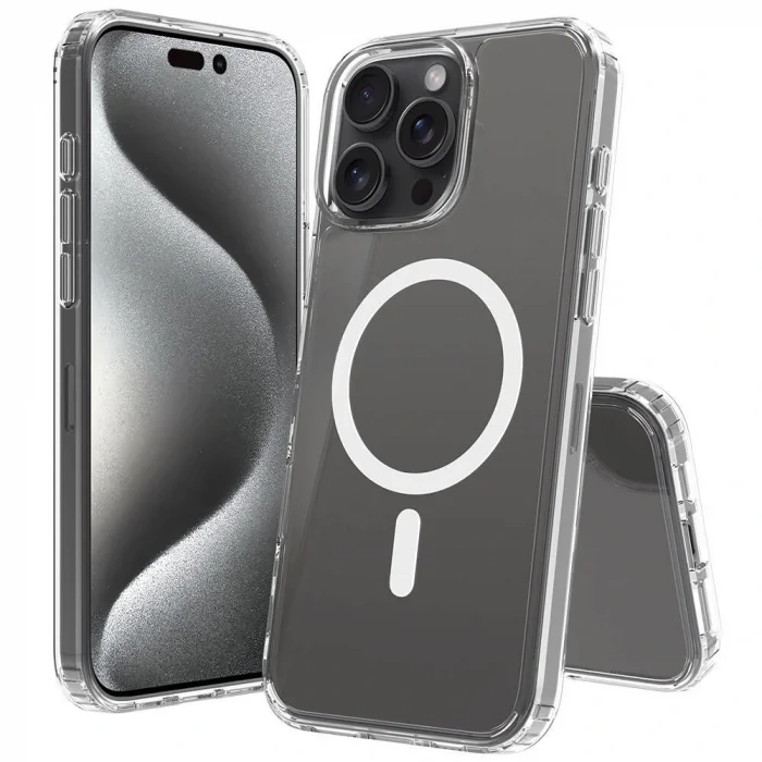 iPhone 16 Pro Max Kılıf M-safe Şarj Özellikli Şeffaf Sert PC Embos Kapak