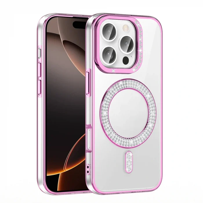 iPhone 16 Pro Max Kılıf Pırlanta Taş Tasarımlı M-safe Şarj Özellikli Karetta Silikon Kapak