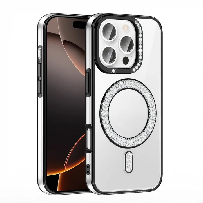 iPhone 16 Pro Max Kılıf Pırlanta Taş Tasarımlı M-safe Şarj Özellikli Karetta Silikon Kapak