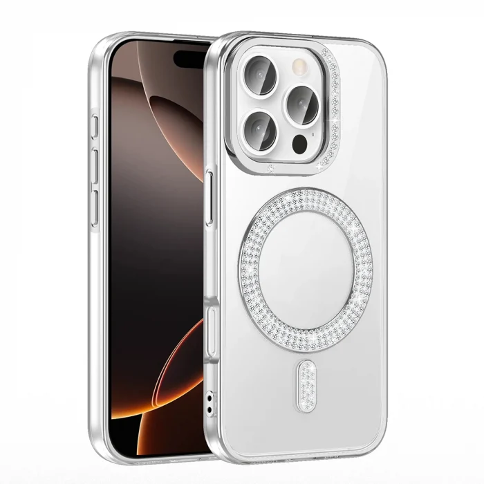 iPhone 16 Pro Max Kılıf Pırlanta Taş Tasarımlı M-safe Şarj Özellikli Karetta Silikon Kapak