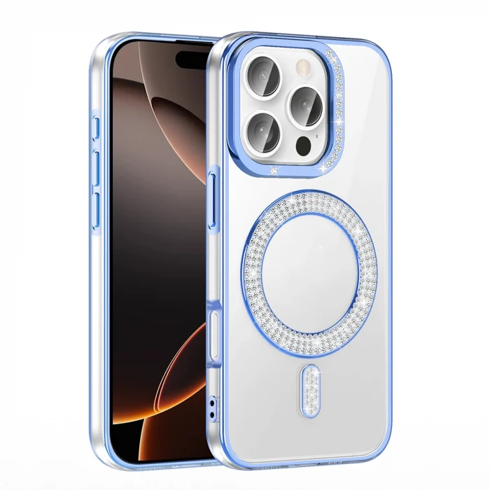 iPhone 16 Pro Max Kılıf Pırlanta Taş Tasarımlı M-safe Şarj Özellikli Karetta Silikon Kapak