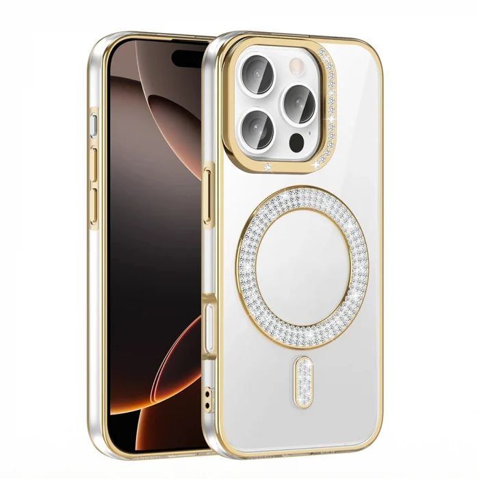 iPhone 16 Pro Max Kılıf Pırlanta Taş Tasarımlı M-safe Şarj Özellikli Karetta Silikon Kapak