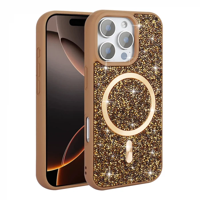 iPhone 16 Pro Max Kılıf Pırlanta Tasarımlı M-safe Şarj Özellikli Mozaik Silikon Kapak