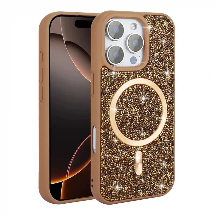 iPhone 16 Pro Max Kılıf Pırlanta Tasarımlı M-safe Şarj Özellikli Mozaik Silikon Kapak