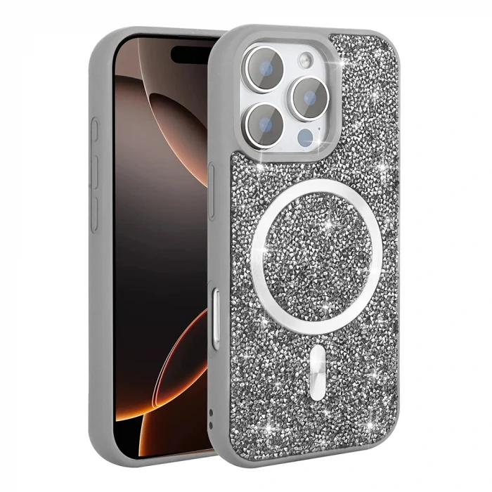 iPhone 16 Pro Max Kılıf Pırlanta Tasarımlı M-safe Şarj Özellikli Mozaik Silikon Kapak