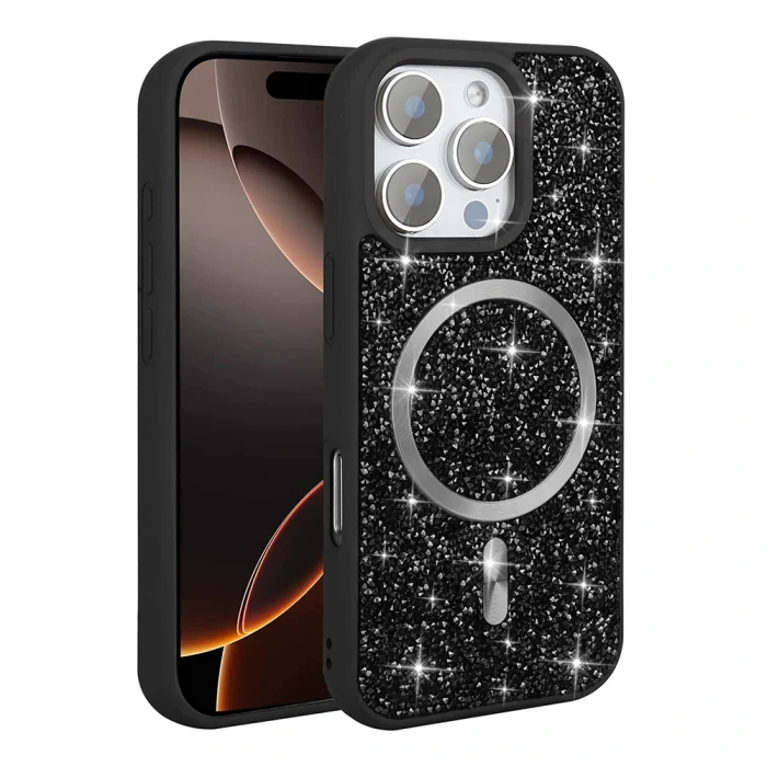 iPhone 16 Pro Max Kılıf Pırlanta Tasarımlı M-safe Şarj Özellikli Mozaik Silikon Kapak
