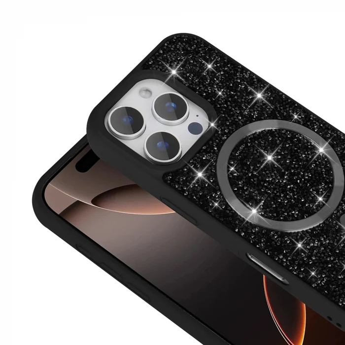 iPhone 16 Pro Max Kılıf Pırlanta Tasarımlı M-safe Şarj Özellikli Mozaik Silikon Kapak