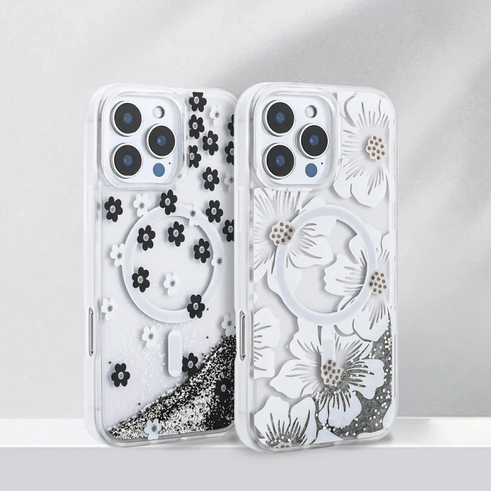 iPhone 16 Pro Max Kılıf Sıvılı Simli Baskılı Şeffaf Arka Yüzey Mossa Silikon Kapak