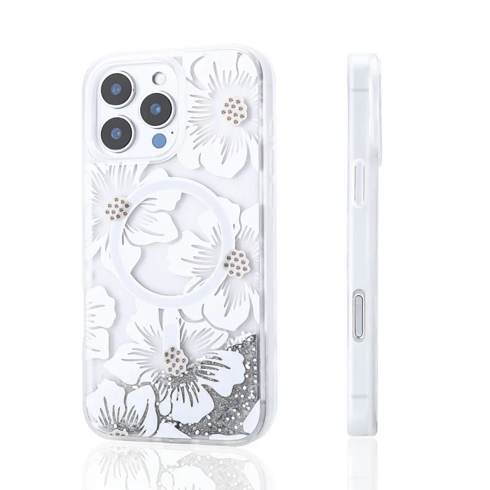 iPhone 16 Pro Max Kılıf Sıvılı Simli Baskılı Şeffaf Arka Yüzey Mossa Silikon Kapak