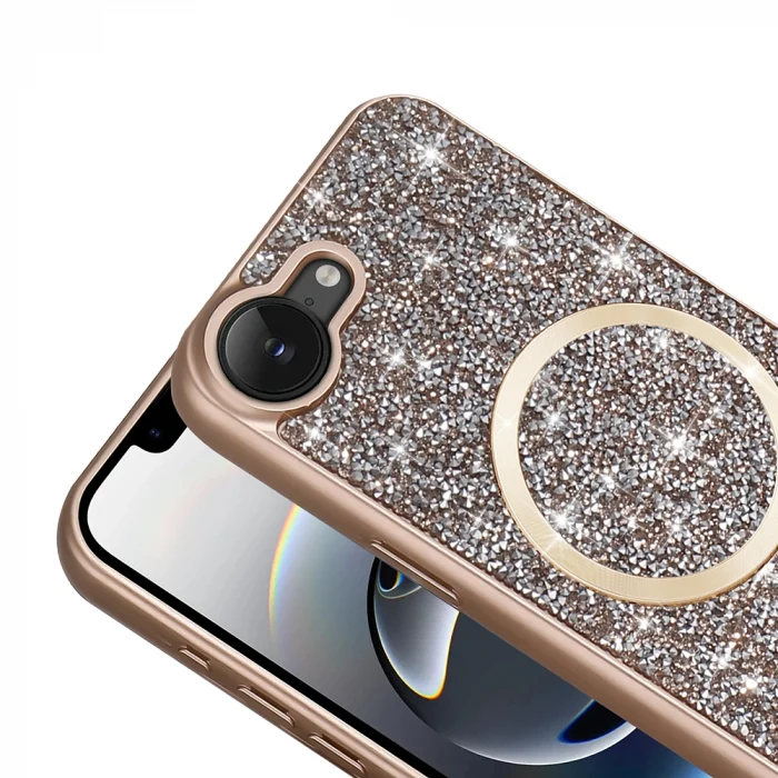 iPhone 16E Kılıf Pırlanta Tasarımlı M-safe Şarj Özellikli Mozaik Silikon Kapak