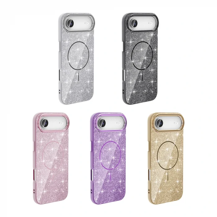 iPhone 17 Air Kılıf M-safe Şarj Özellikli Parlayan Simli Okso Kapak