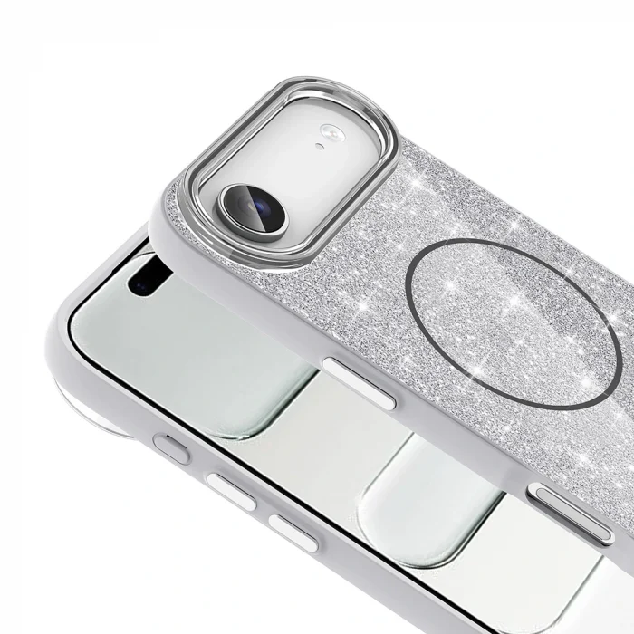 iPhone 17 Air Kılıf M-safe Şarj Özellikli Parlayan Simli Okso Kapak