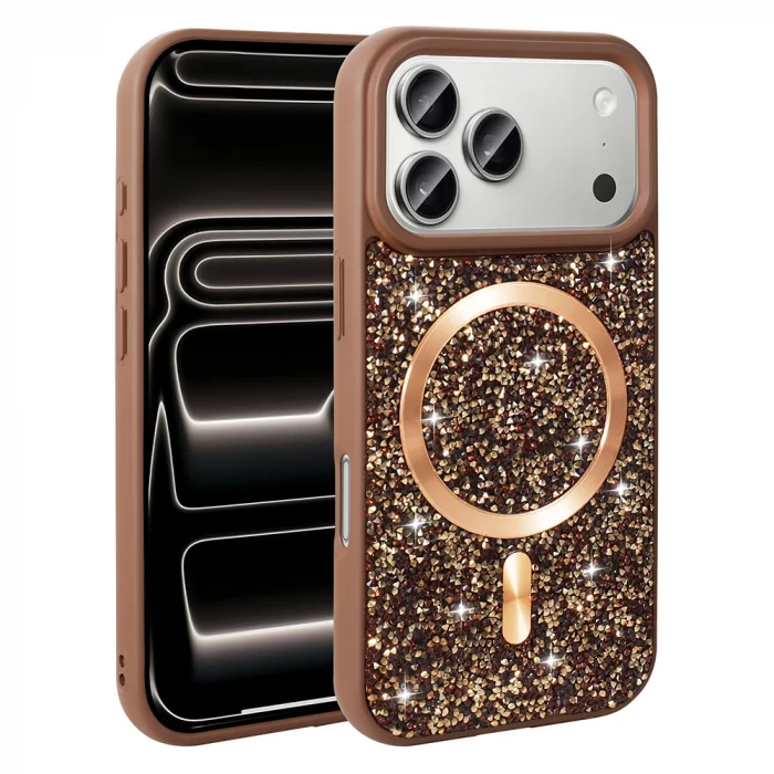 iPhone 17 Pro Kılıf Pırlanta Tasarımlı M-safe Şarj Özellikli Mozaik Silikon Kapak