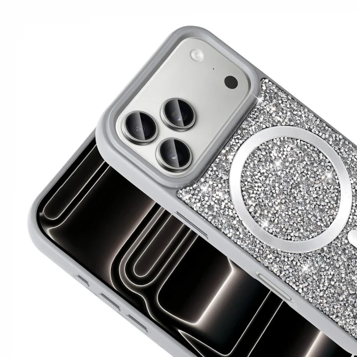 iPhone 17 Pro Kılıf Pırlanta Tasarımlı M-safe Şarj Özellikli Mozaik Silikon Kapak