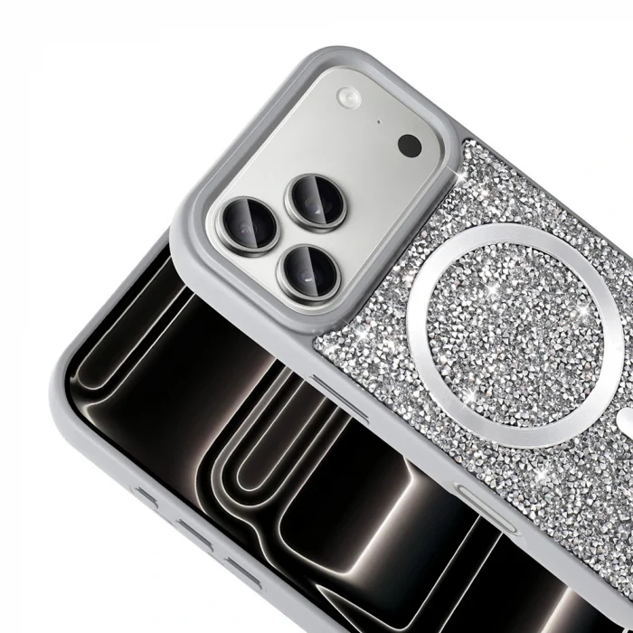 iPhone 17 Pro Kılıf Pırlanta Tasarımlı M-safe Şarj Özellikli Mozaik Silikon Kapak