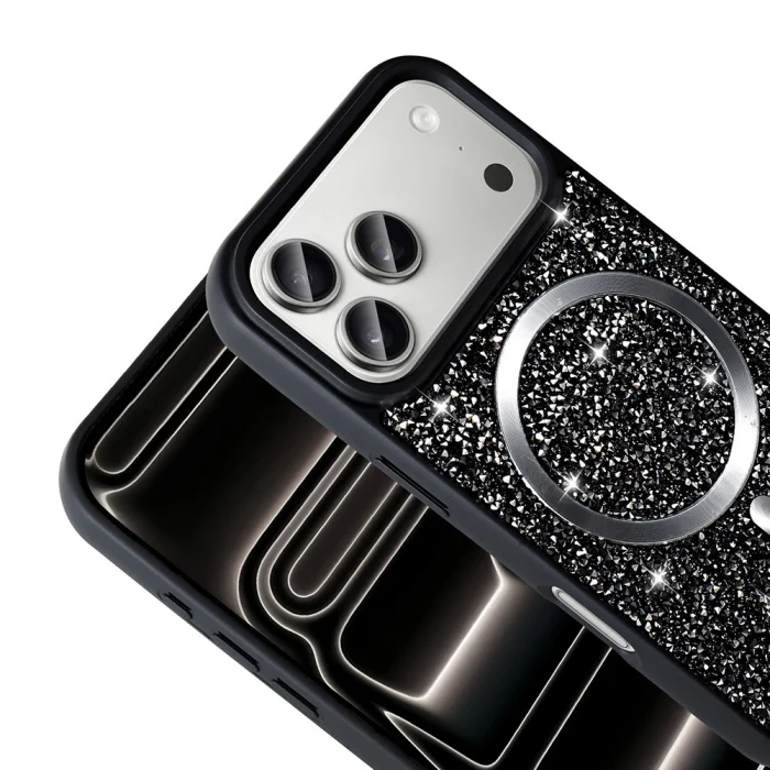 iPhone 17 Pro Kılıf Pırlanta Tasarımlı M-safe Şarj Özellikli Mozaik Silikon Kapak