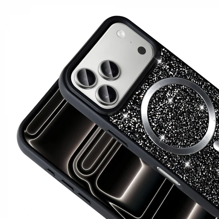 iPhone 17 Pro Kılıf Pırlanta Tasarımlı M-safe Şarj Özellikli Mozaik Silikon Kapak