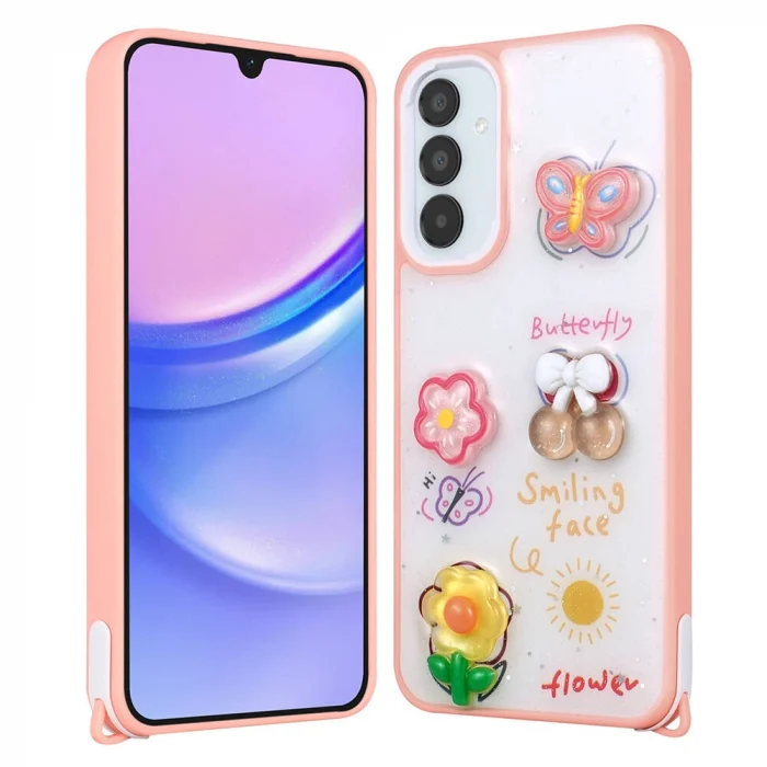 Samsung A15 Kılıf Parlayan Simli Kabartma Figürlü Cevze Kapak