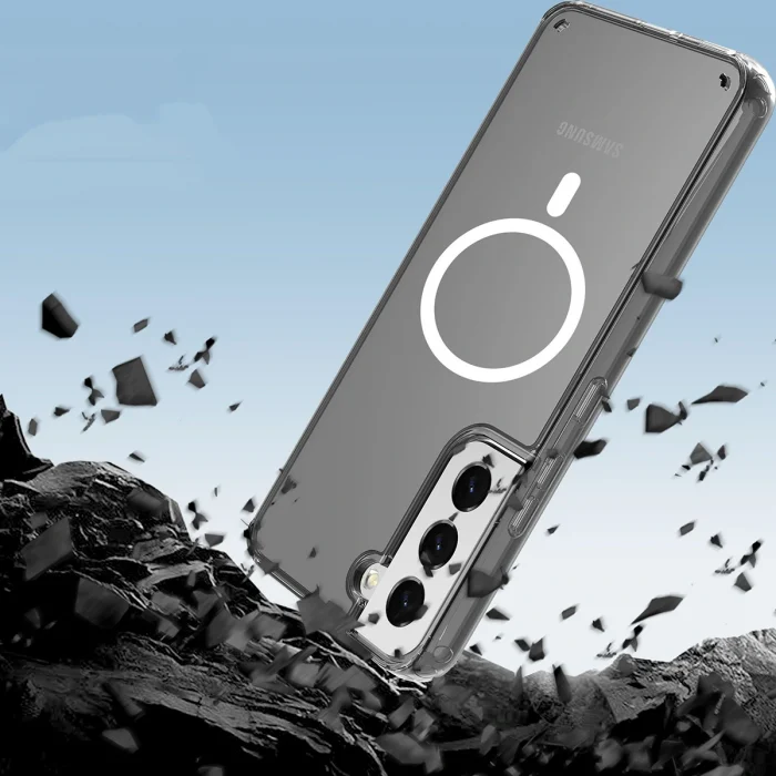 Samsung S22 Kılıf M-safe Şarj Özellikli Şeffaf Sert PC Embos Kapak