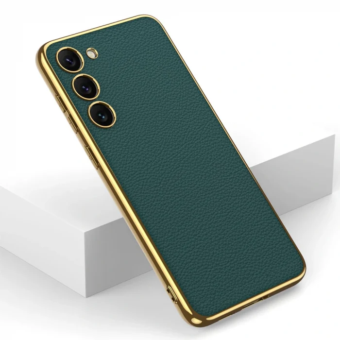 Samsung S23 Kılıf Deri Görünümlü Kenarları Elektroplating Kaplama Fizyon Kapak