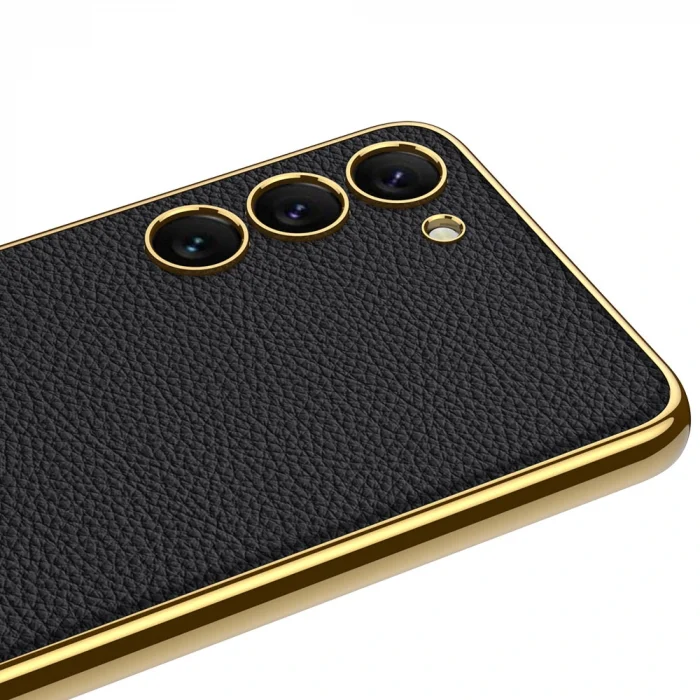 Samsung S23 Plus Kılıf Deri Görünümlü Kenarları Elektroplating Kaplama Fizyon Kapak