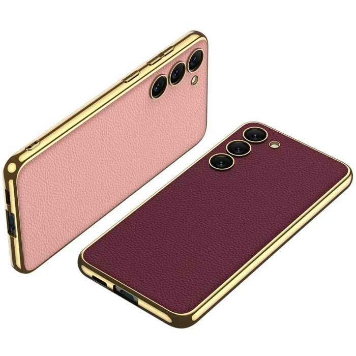 Samsung S23 Plus Kılıf Deri Görünümlü Kenarları Elektroplating Kaplama  Fizyon Kapak