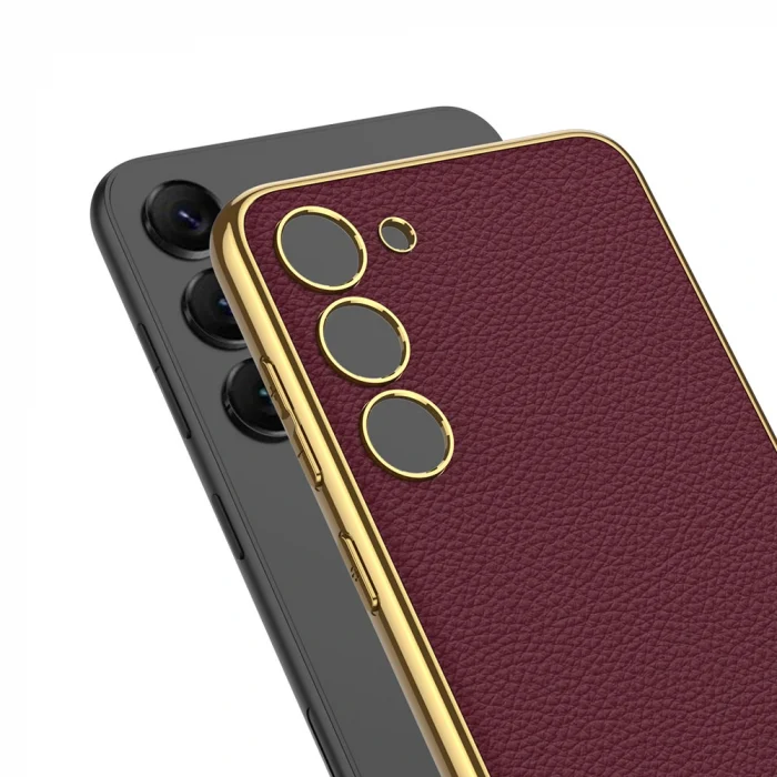 Samsung S23 Plus Kılıf Deri Görünümlü Kenarları Elektroplating Kaplama Fizyon Kapak