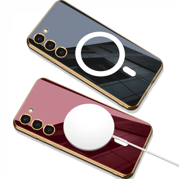 S23 Plus Kılıf Wireless Şarj Özellikli Kenarları Elektroplating Kaplama Aynalı Kent Kapak