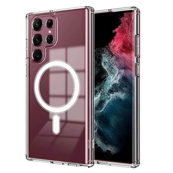 Samsung S23 Ultra Kılıf M-safe Şarj Özellikli Şeffaf Sert PC Embos Kapak