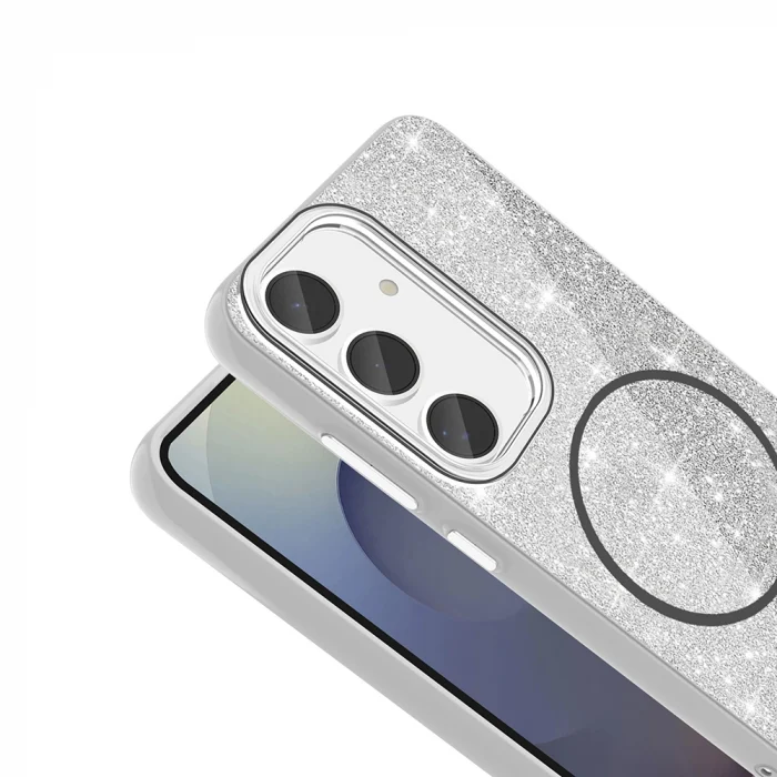 Samsung S24 FE Kılıf M-safe Şarj Özellikli Parlayan Simli Okso Kapak