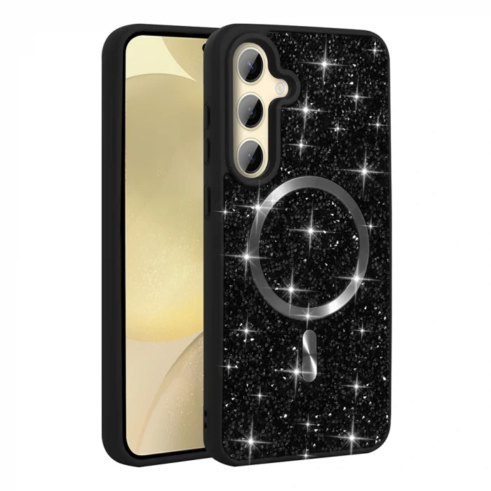 Samsung S24 FE Kılıf Pırlanta Tasarımlı M-safe Şarj Özellikli Mozaik Silikon Kapak