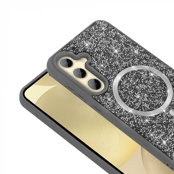 Samsung S24 FE Kılıf Pırlanta Tasarımlı M-safe Şarj Özellikli Mozaik Silikon Kapak