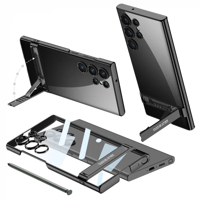 Samsung S24 Ultra Kılıf Kamera Korumalı Şeffaf Dikey Standlı Ays Kapak