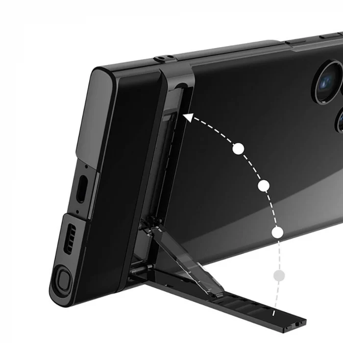 Samsung S24 Ultra Kılıf Kamera Korumalı Şeffaf Dikey Standlı Ays Kapak