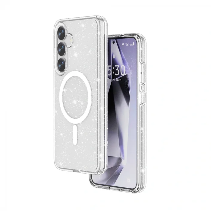 Samsung S25 Kılıf M-safe Şarj Özellikli Parlayan Simli Saydam Renkli Allstar Kapak